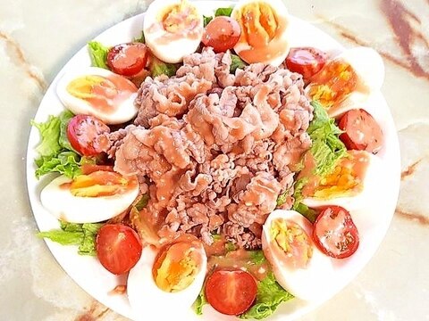 ゆで卵とレタスで!牛バラのしゃぶしゃぶ風サラダ♪